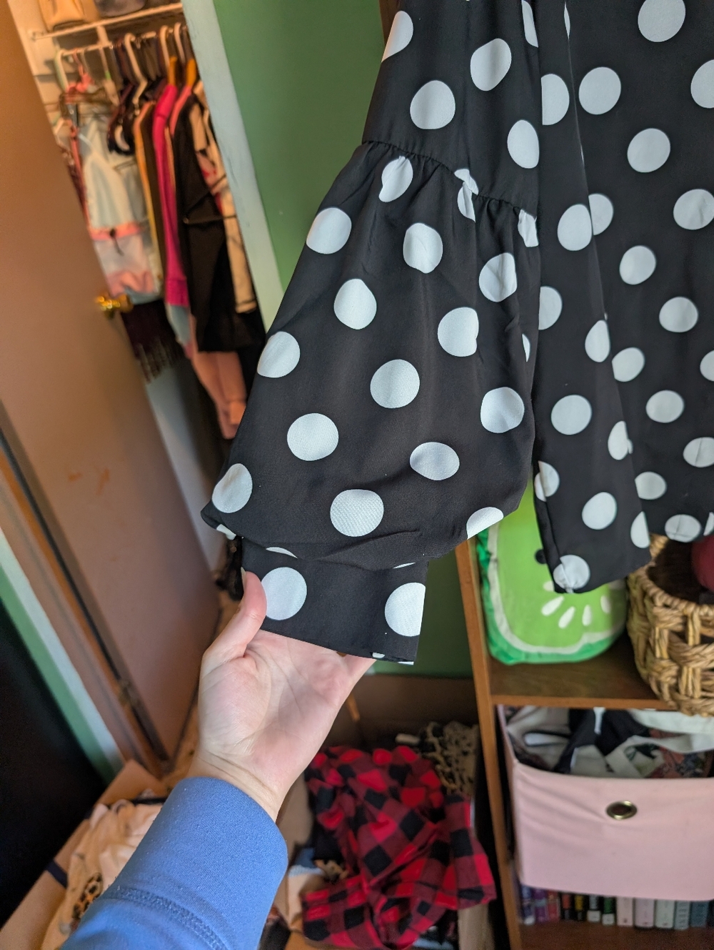 Polka Dot Button-Up Ruffle Sleeve Top - Black/White - Picture 2 of 8